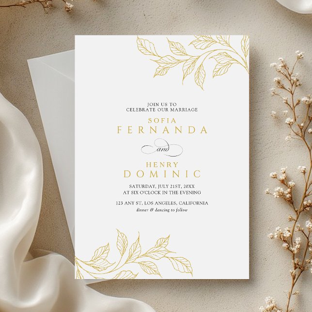 Minimal Botanical Faux Gold Wedding Invitation (Creator Uploaded)