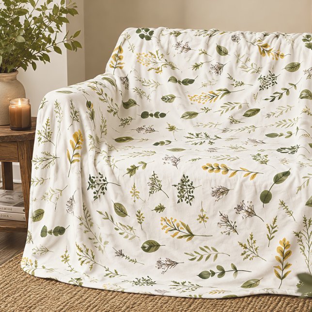 Minimal Botanical Greenery Wildflower Pattern Fleece Blanket (Creator Uploaded)