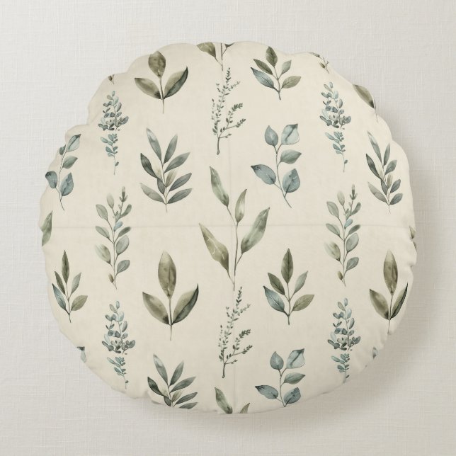 Minimal Botanical Leaf Pattern Round Pillow (Front)
