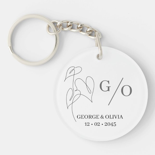 Minimal Botanical Line Art Wedding Favor  Keychain (Front)