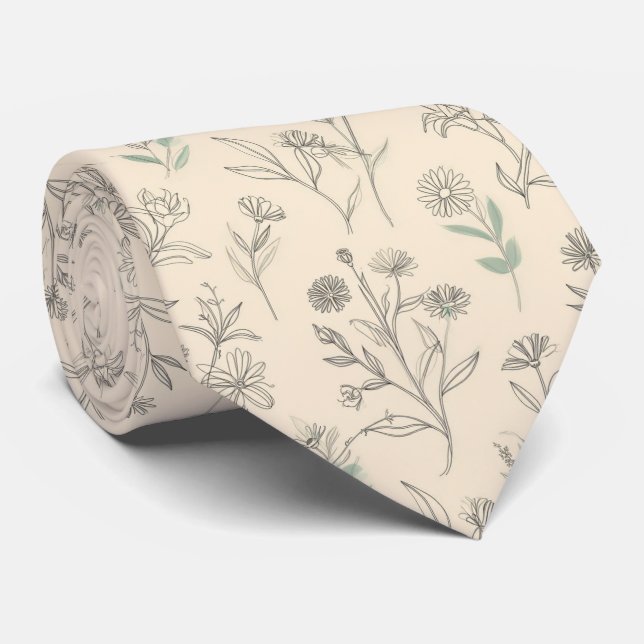 Minimal Botanical Line Floral Pattern Neck Tie (Rolled)
