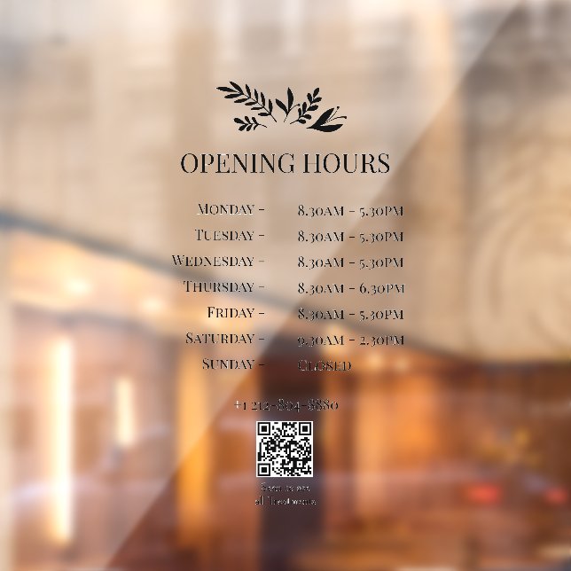 Minimal Botanical Logo Opening Hours QR Code Window Cling (Sheet 2)