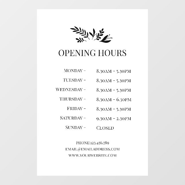 Minimal Botanical Logo Opening Hours  Window Cling (Sheet)