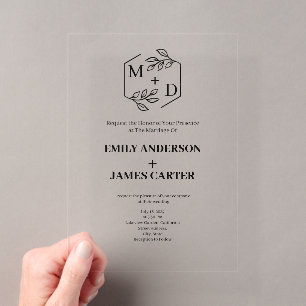 Minimal Botanical Monogram Wedding Acrylic Invitations