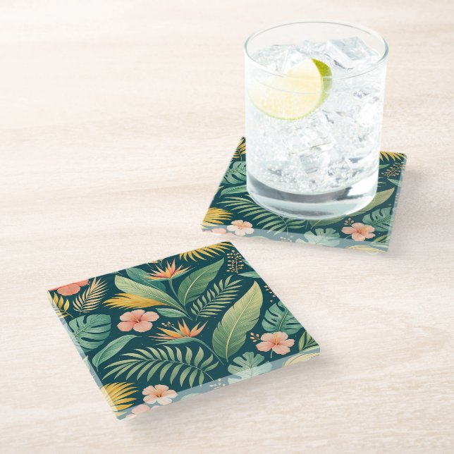 Minimal Botanical Pattern Glass Coaster (Angled)
