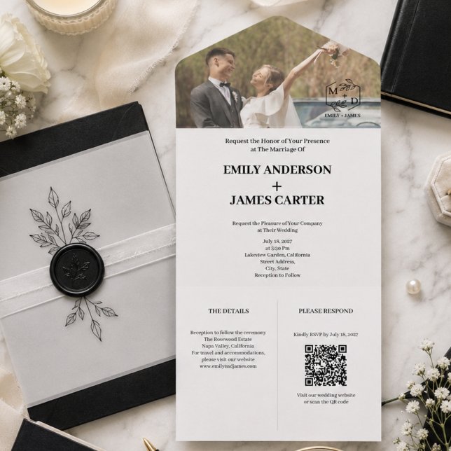 Minimal Botanical Photo Monogram Wedding  All In One Invitation (Monogram Wedding All In One Invitation)
