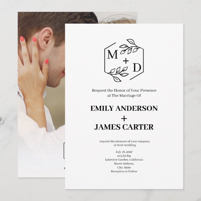 Minimal Botanical Photo Monogram Wedding  Invitation (Front/Back)