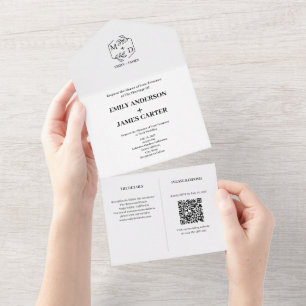 Minimal Botanical QR Code Monogram Wedding All In One Invitation