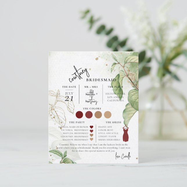 Minimal Botanical Text Script Bridesmaid info Card (Standing Front)