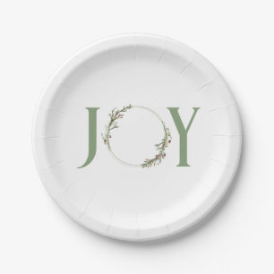 Minimal Botanical Watercolor Wreath Joy Christmas Paper Plates