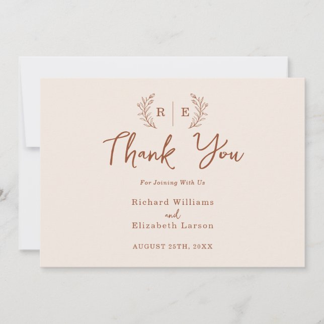Minimal Botanical Wreath Monogram Thank You Card (Front)
