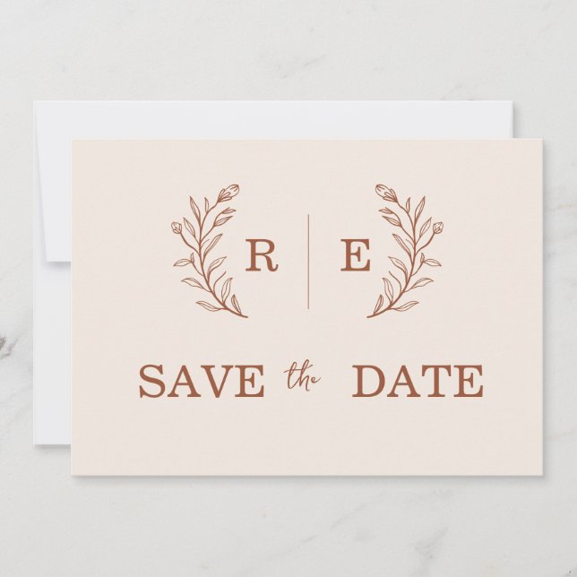 Minimal Botanical Wreath Monogram Wedding Save The Date (Front)