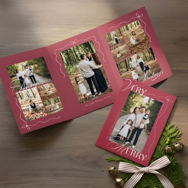 Minimal Bow Very Merry Photo Collage Christmas Tri-Fold Holiday Card (Minimal Bow Very Merry Photo Collage Christmas Tri-Fold Holiday Card)