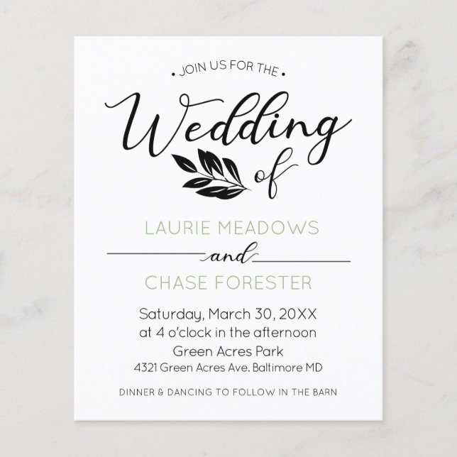 Minimal Branch Budget Wedding Invitation Flyer (Front)