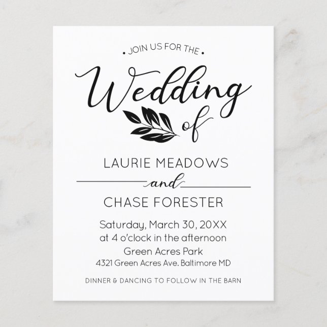 Minimal Branch Budget Wedding Invitation Flyer (Front)