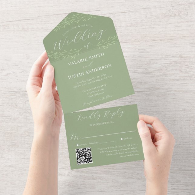 Minimal Branch Sage Green Wedding All In One Invit Invitation (Tearaway)