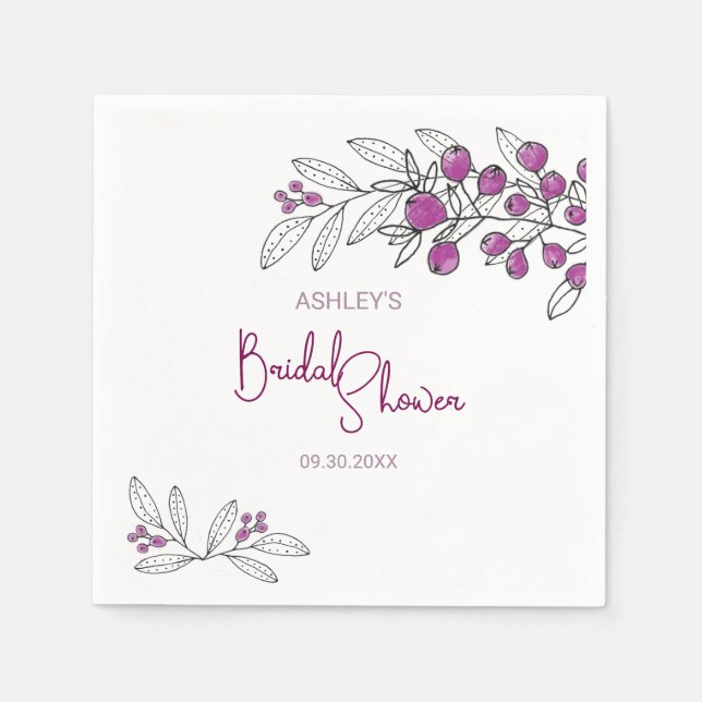 Minimal Bridal Shower Purple Berries Leaves Napkins (Front)