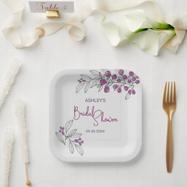 Minimal Bridal Shower Purple Berries Leaves Paper Plates (Wedding)