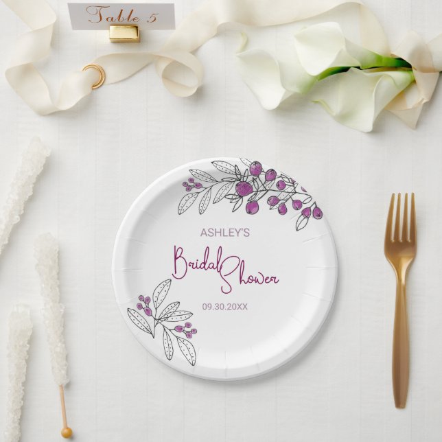 Minimal Bridal Shower Purple Berries Leaves Paper Plates (Wedding)