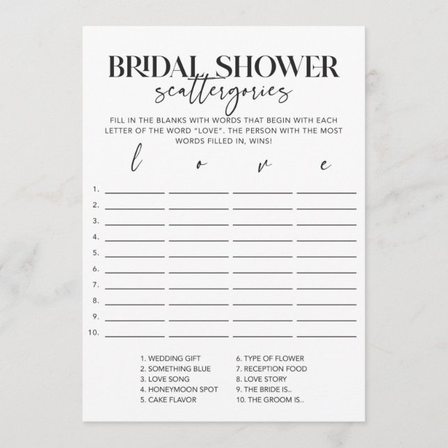 Minimal Bridal Shower Scattergories Game (Front)