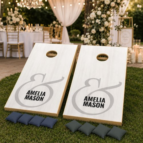 Minimal Bride & Groom Ampersand White Washed Wood Cornhole Set