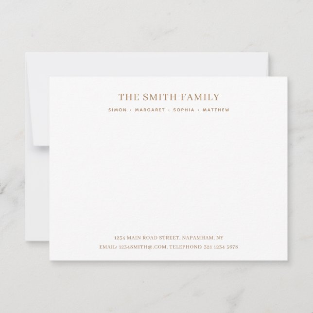 Minimal Bronze Family Name Stationery Note Card (Front)