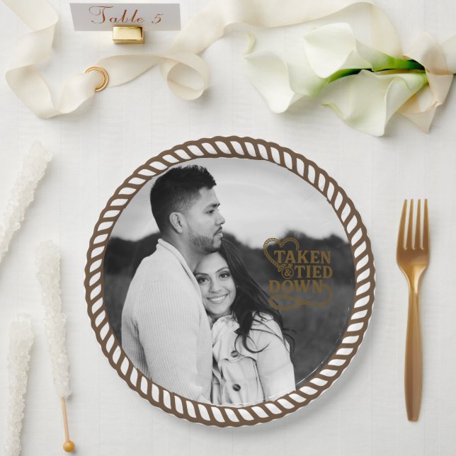 Minimal Brown Country Western Rope Photo Paper Plates (Wedding)