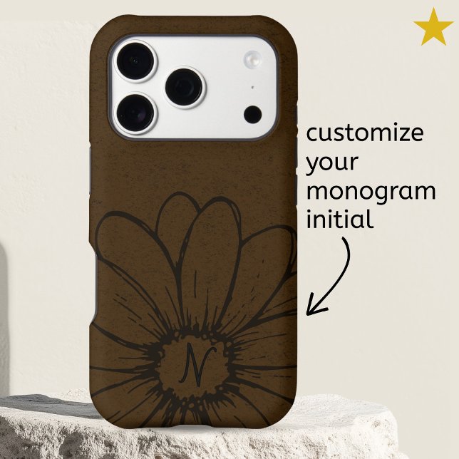 Minimal Brown Daisy Flower Drawing Monogram  Case-Mate iPhone Case (Creator Uploaded)
