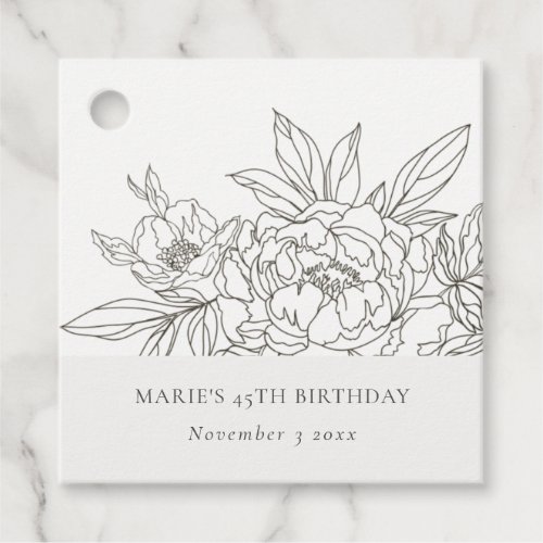 Minimal Brown Floral Sketch Any Age Birthday Favor Tags