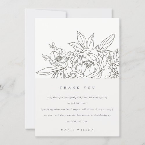 Minimal Brown Floral Sketch Any Age Birthday Thank You Card