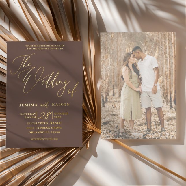 Minimal Brown & Gold Calligraphy Wedding  Foil Invitation (Creator Uploaded)