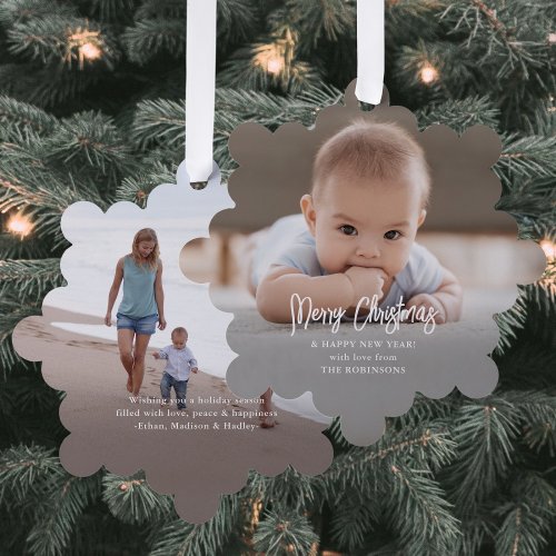 Minimal Brushed Script Merry Christmas 2 Photo Ornament Card