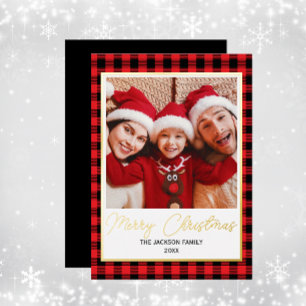 Minimal Buffalo Plaid Merry Christmas Photo Card