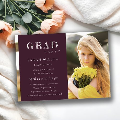 Minimal Burgundy Clean Photo Graduation Party Invitation