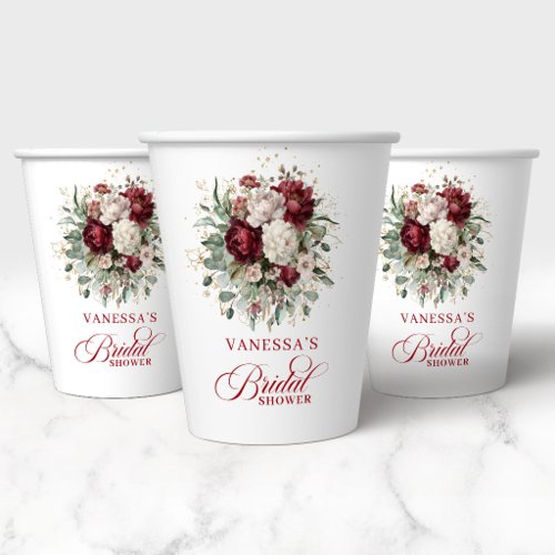 Minimal Burgundy Floral Bridal Shower Paper Cups