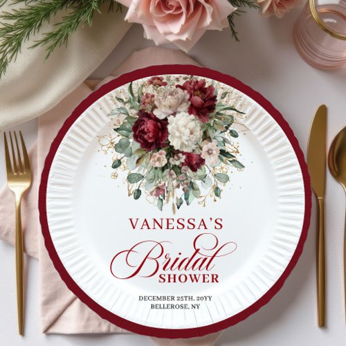 Minimal Burgundy Floral Bridal Shower Paper Plates