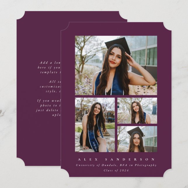 Minimal Burgundy Frame 4 Photo Graduation Announcement (Front/Back)