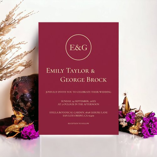 Minimal Burgundy Gold Luxury Monogram Chic Wedding Invitation