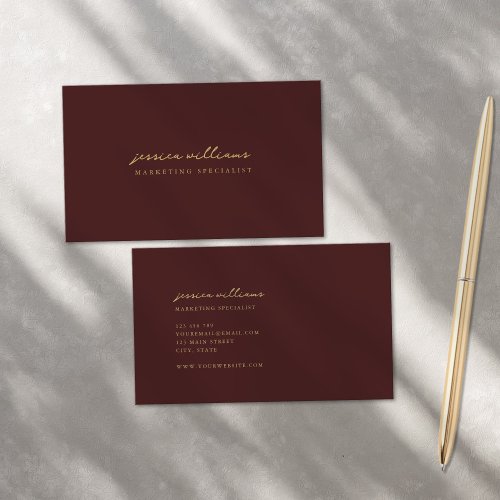Minimal Burgundy Gold Script Business Card