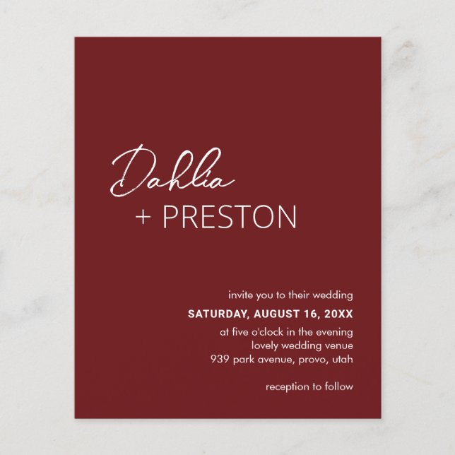Minimal Burgundy Modern Budget Wedding Invite Flyer (Front)