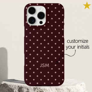 Minimal Burgundy Pink Custom Monogram Polka Dot iPhone 16 Pro Max Case