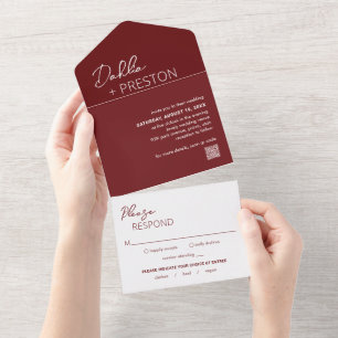 Minimal Burgundy QR Code Modern Wedding All In One Invitation