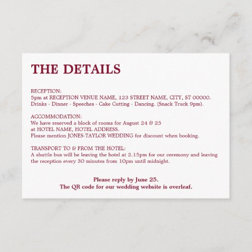 Minimal Burgundy QR Code Wedding Details Enclosure Card
