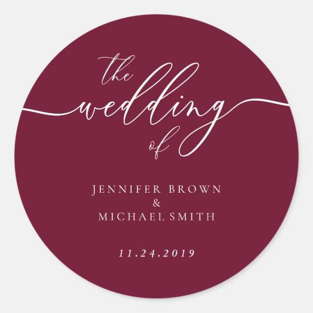Minimal Burgundy RED Wedding Classic Round Sticker