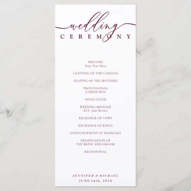 Minimal Burgundy Signature Script Wedding Ceremony Program