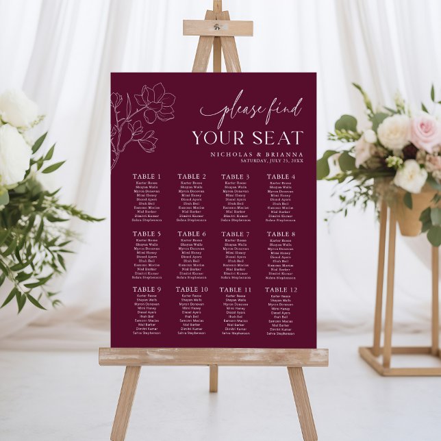 Minimal Burgundy Wedding 12 Table Seating Chart Foam Board (Creator Uploaded)