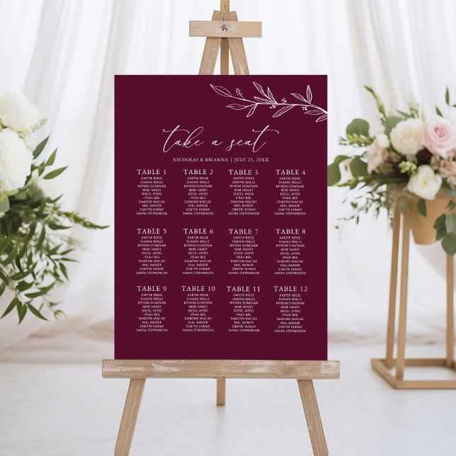 Minimal Burgundy Wedding 12 Table Seating Chart Foam Board (Creator Uploaded)