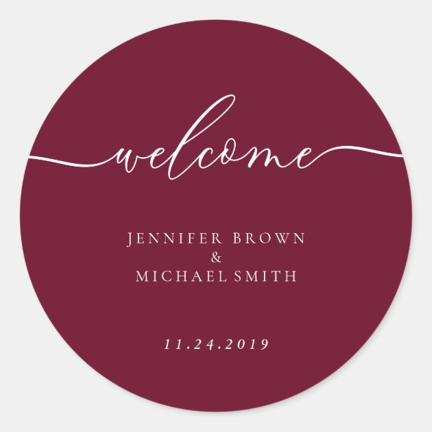 Minimal Burgundy Welcome Classic Round Sticker