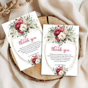 Minimal Burgundy White Gold Floral Baby Shower Thank You Card