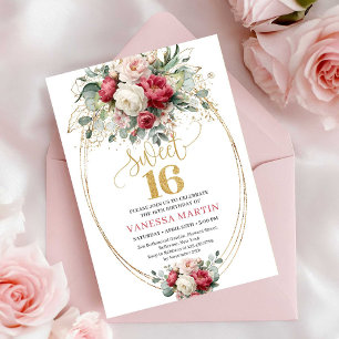Minimal Burgundy White Gold Sweet Sixteen Invite